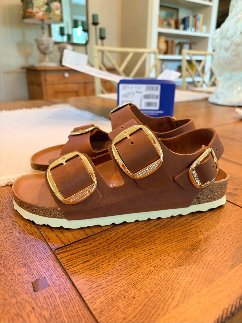 NWT BIRKENSTOCK MILANO LEATHER BIG BUCKLES SIZE US 6/6.5 EU 37 COLOR COGNAC - Picture 6 of 12